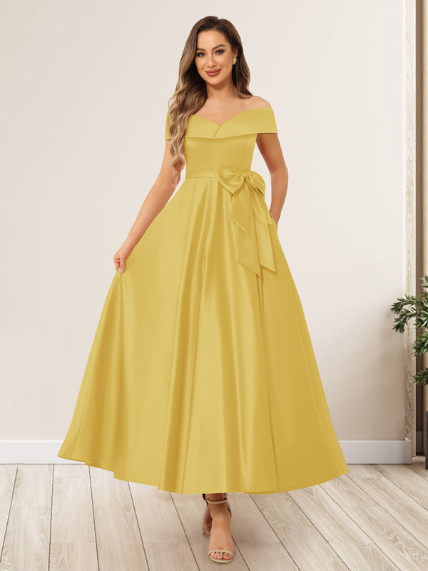 A-Line/Princess Off-The-Shoulder Sleeveless Long Wedding Guest Dresses with Bow Knot
