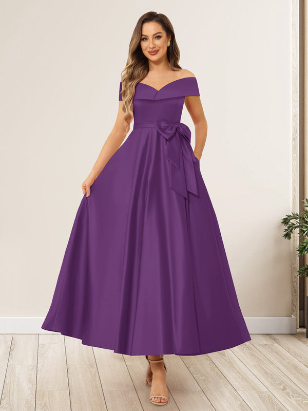 A-Line/Princess Off-The-Shoulder Sleeveless Long Wedding Guest Dresses with Bow Knot