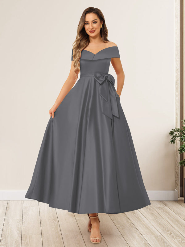 A-Line/Princess Off-The-Shoulder Sleeveless Long Wedding Guest Dresses with Bow Knot