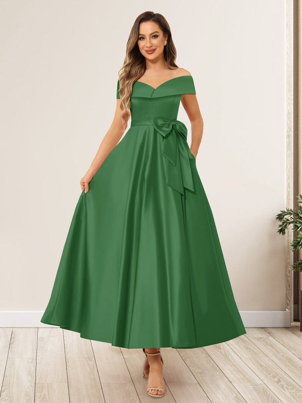 A-Line/Princess Off-The-Shoulder Sleeveless Long Wedding Guest Dresses with Bow Knot