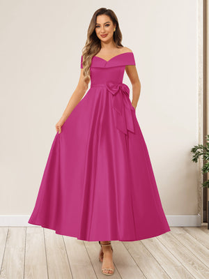 A-Line/Princess Off-The-Shoulder Sleeveless Long Wedding Guest Dresses with Bow Knot