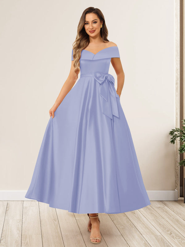 A-Line/Princess Off-The-Shoulder Sleeveless Long Wedding Guest Dresses with Bow Knot