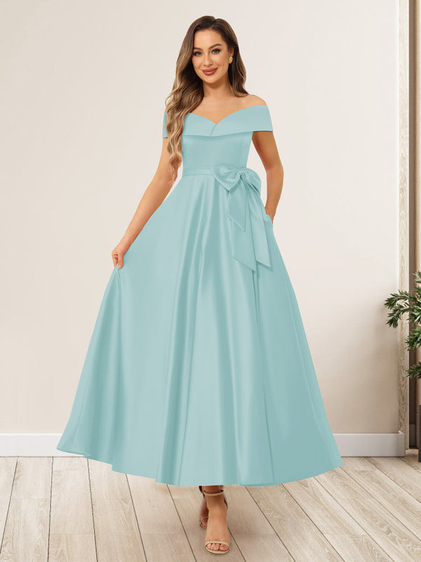 A-Line/Princess Off-The-Shoulder Sleeveless Long Wedding Guest Dresses with Bow Knot