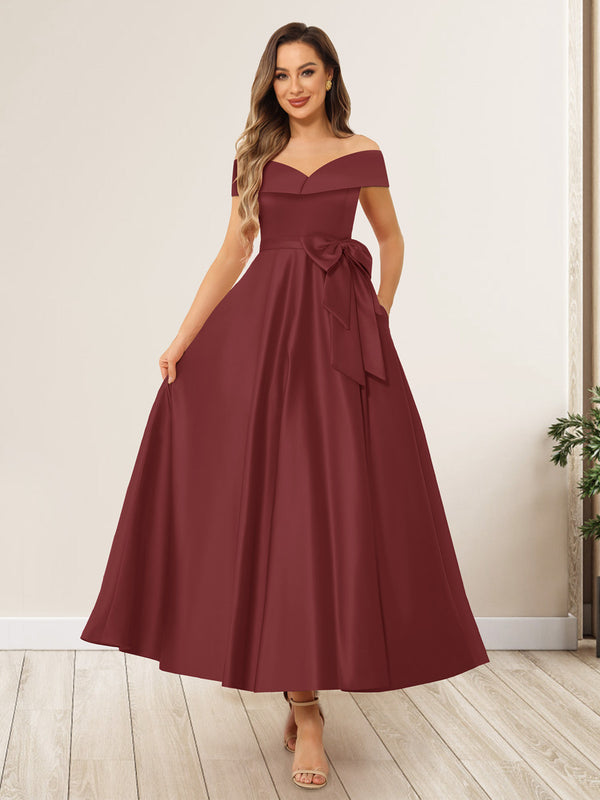 A-Line/Princess Off-The-Shoulder Sleeveless Long Wedding Guest Dresses with Bow Knot