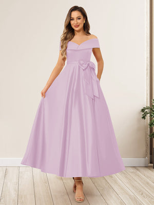 A-Line/Princess Off-The-Shoulder Sleeveless Long Wedding Guest Dresses with Bow Knot