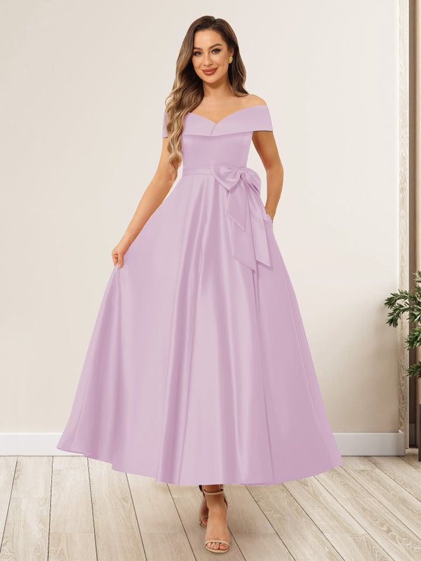 A-Line/Princess Off-The-Shoulder Sleeveless Long Wedding Guest Dresses with Bow Knot