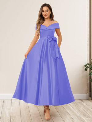 A-Line/Princess Off-The-Shoulder Sleeveless Long Wedding Guest Dresses with Bow Knot
