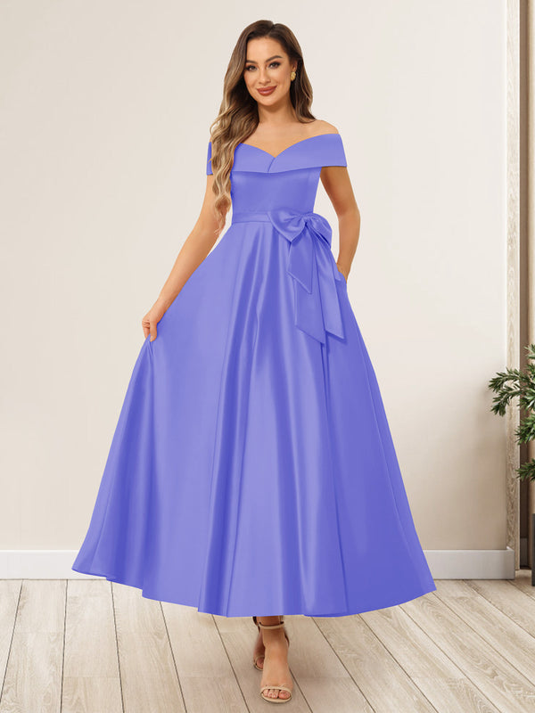 A-Line/Princess Off-The-Shoulder Sleeveless Long Wedding Guest Dresses with Bow Knot