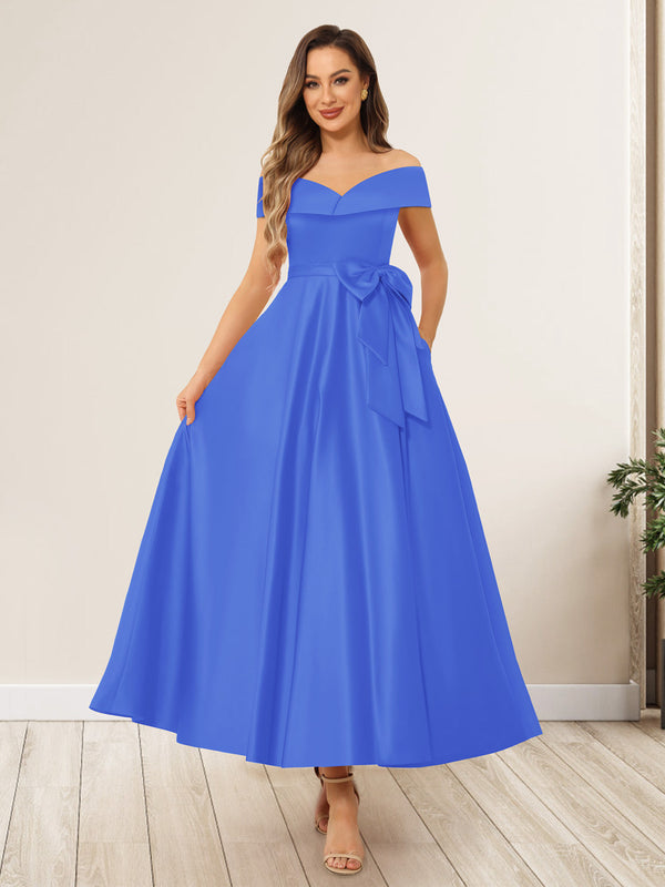 A-Line/Princess Off-The-Shoulder Sleeveless Long Wedding Guest Dresses with Bow Knot