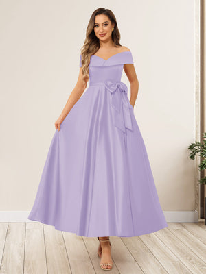 A-Line/Princess Off-The-Shoulder Sleeveless Long Wedding Guest Dresses with Bow Knot