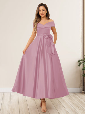 A-Line/Princess Off-The-Shoulder Sleeveless Long Wedding Guest Dresses with Bow Knot