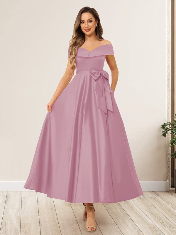 A-Line/Princess Off-The-Shoulder Sleeveless Long Wedding Guest Dresses with Bow Knot