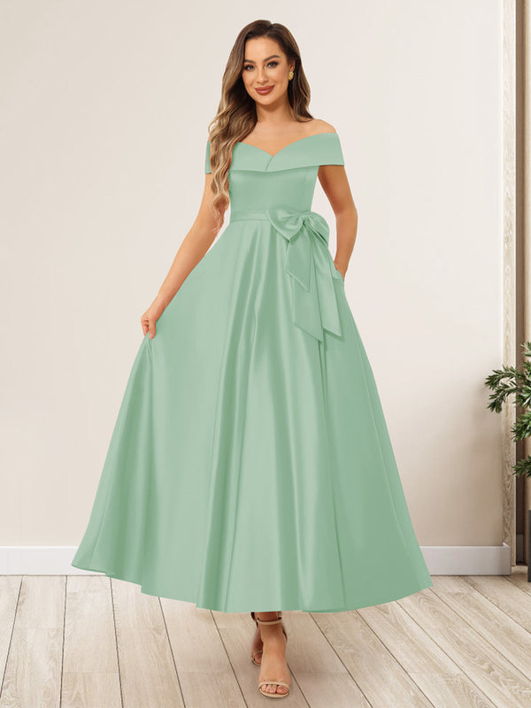 A-Line/Princess Off-The-Shoulder Sleeveless Long Wedding Guest Dresses with Bow Knot