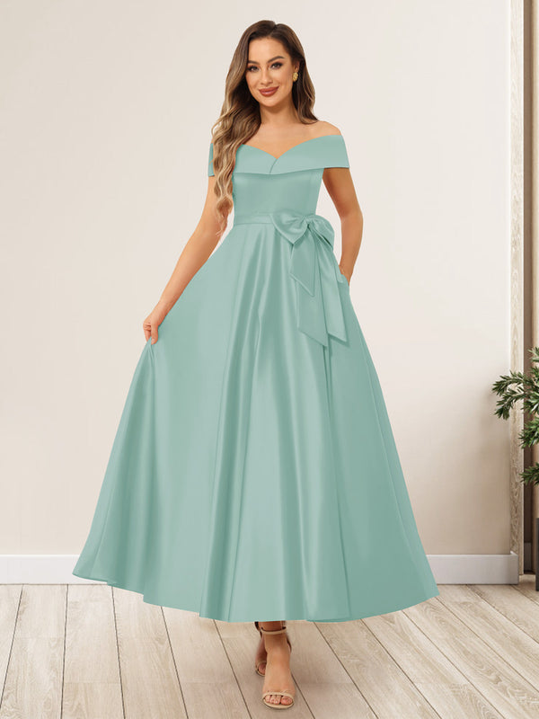 A-Line/Princess Off-The-Shoulder Sleeveless Long Wedding Guest Dresses with Bow Knot