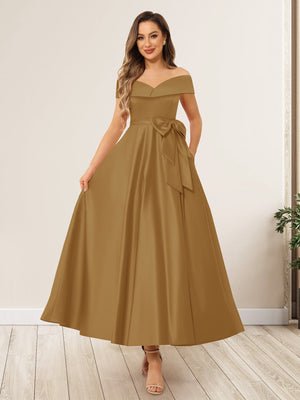 A-Line/Princess Off-The-Shoulder Sleeveless Long Wedding Guest Dresses with Bow Knot
