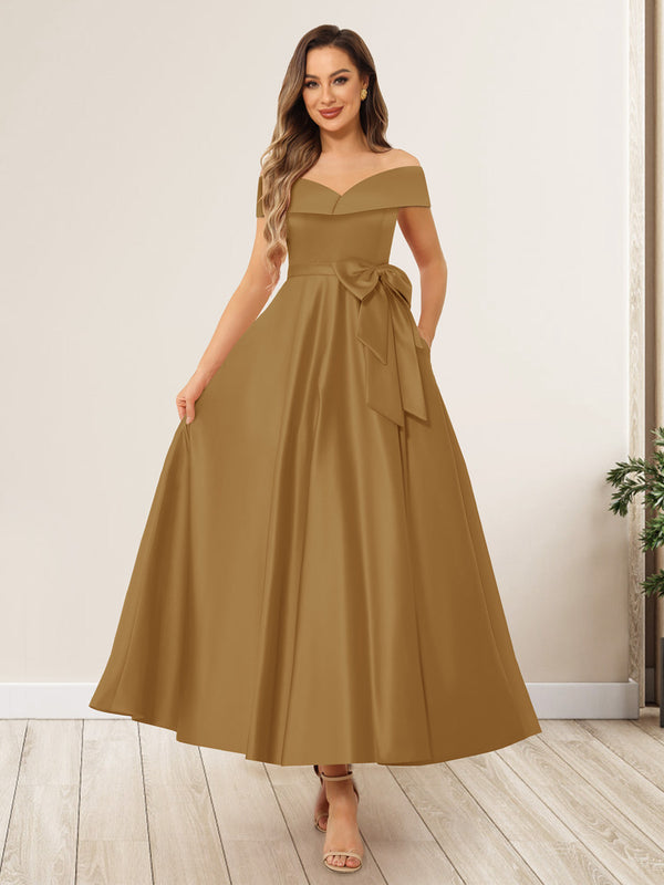 A-Line/Princess Off-The-Shoulder Sleeveless Long Wedding Guest Dresses with Bow Knot