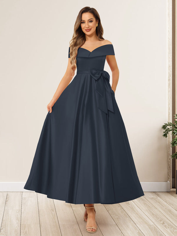 A-Line/Princess Off-The-Shoulder Sleeveless Long Wedding Guest Dresses with Bow Knot