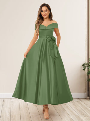 A-Line/Princess Off-The-Shoulder Sleeveless Long Wedding Guest Dresses with Bow Knot