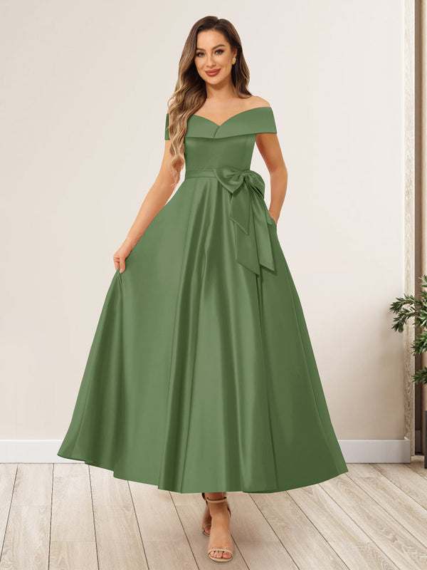 A-Line/Princess Off-The-Shoulder Sleeveless Long Wedding Guest Dresses with Bow Knot
