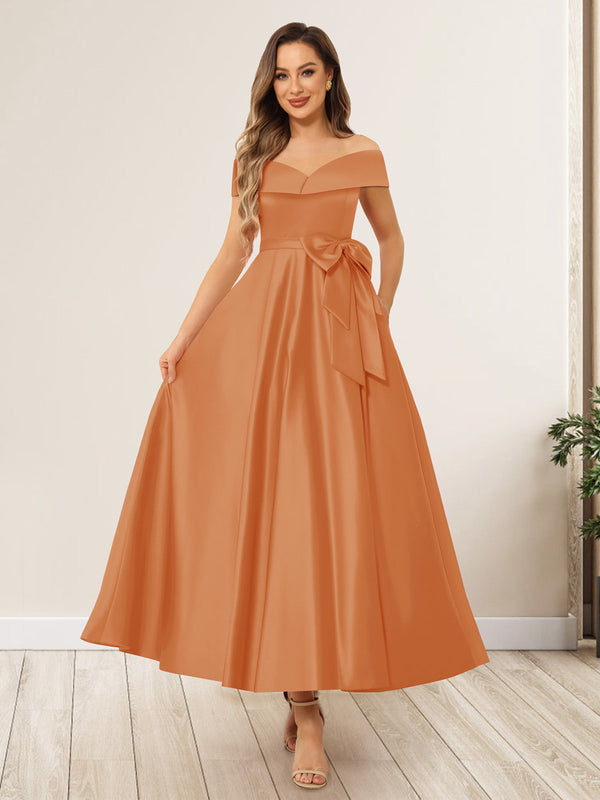 A-Line/Princess Off-The-Shoulder Sleeveless Long Wedding Guest Dresses with Bow Knot