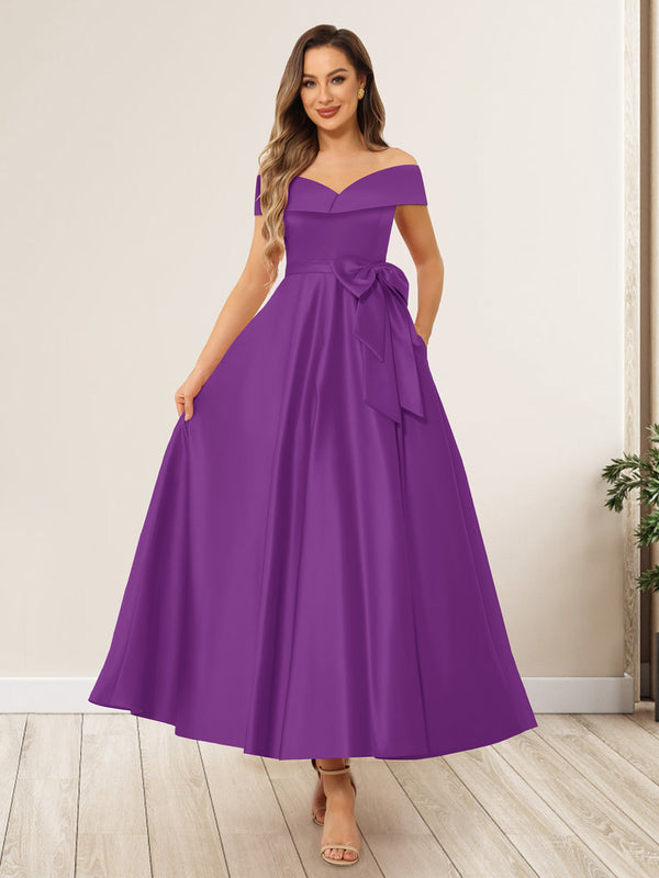 A-Line/Princess Off-The-Shoulder Sleeveless Long Wedding Guest Dresses with Bow Knot