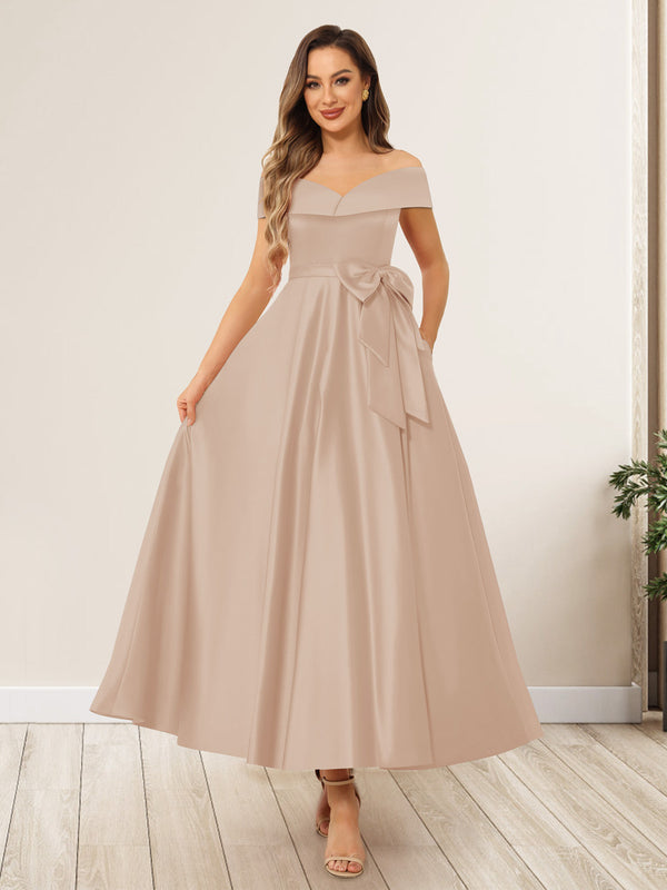 A-Line/Princess Off-The-Shoulder Sleeveless Long Wedding Guest Dresses with Bow Knot