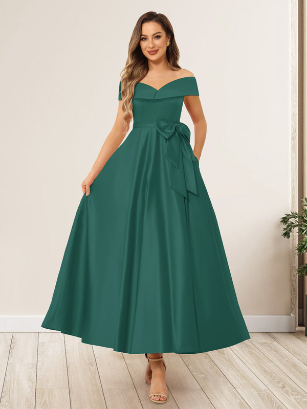 A-Line/Princess Off-The-Shoulder Sleeveless Long Wedding Guest Dresses with Bow Knot