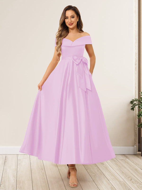 A-Line/Princess Off-The-Shoulder Sleeveless Long Wedding Guest Dresses with Bow Knot
