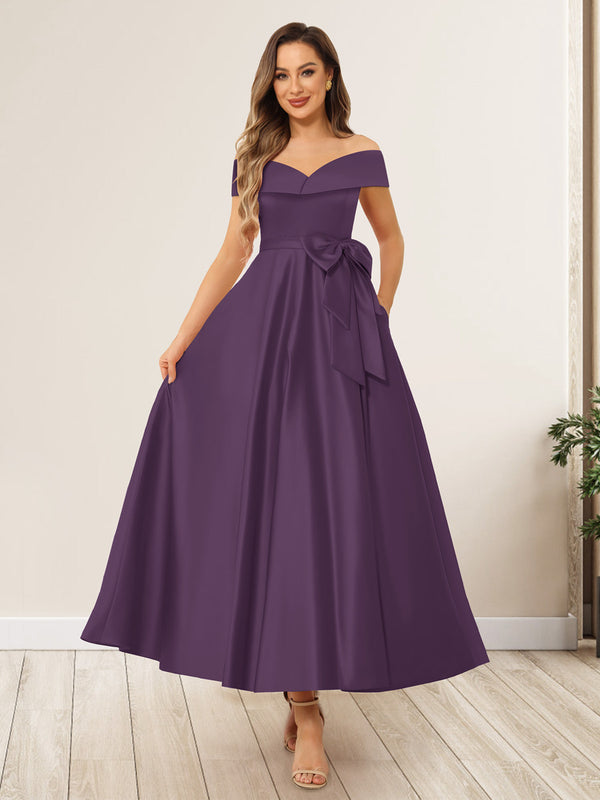 A-Line/Princess Off-The-Shoulder Sleeveless Long Wedding Guest Dresses with Bow Knot