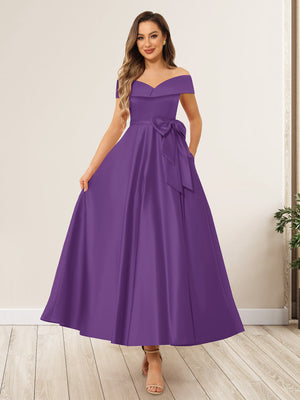 A-Line/Princess Off-The-Shoulder Sleeveless Long Wedding Guest Dresses with Bow Knot