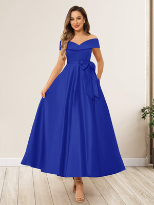 A-Line/Princess Off-The-Shoulder Sleeveless Long Wedding Guest Dresses with Bow Knot
