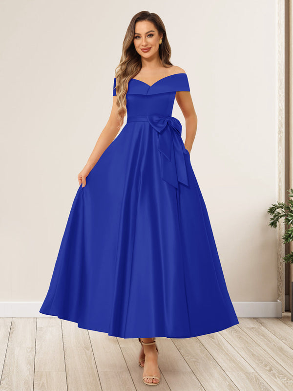 A-Line/Princess Off-The-Shoulder Sleeveless Long Wedding Guest Dresses with Bow Knot