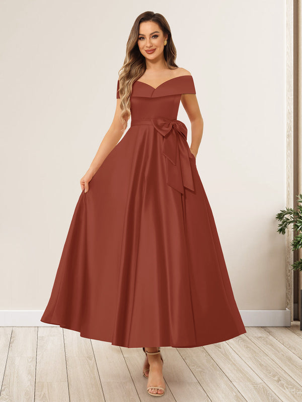 A-Line/Princess Off-The-Shoulder Sleeveless Long Wedding Guest Dresses with Bow Knot