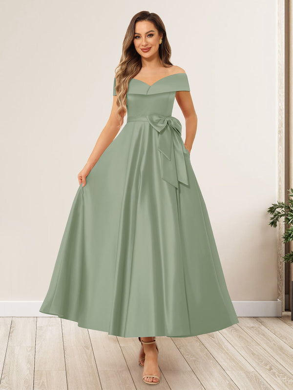 A-Line/Princess Off-The-Shoulder Sleeveless Long Wedding Guest Dresses with Bow Knot