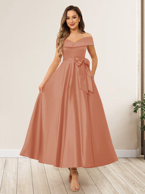 A-Line/Princess Off-The-Shoulder Sleeveless Long Wedding Guest Dresses with Bow Knot