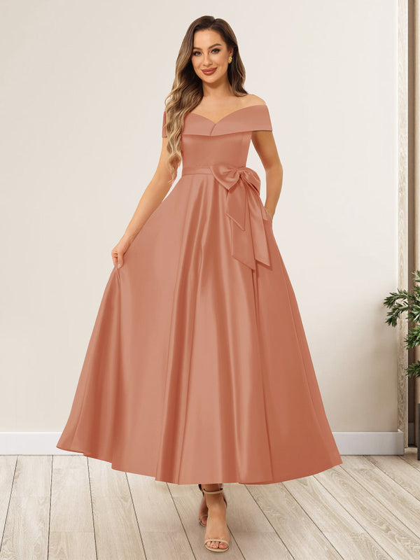 A-Line/Princess Off-The-Shoulder Sleeveless Long Wedding Guest Dresses with Bow Knot