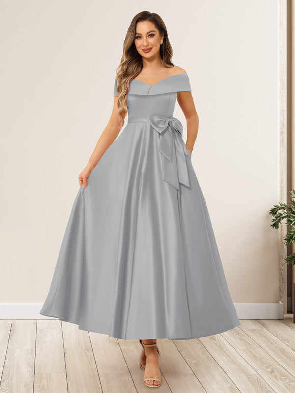 A-Line/Princess Off-The-Shoulder Sleeveless Long Wedding Guest Dresses with Bow Knot