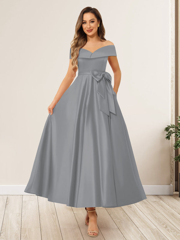 A-Line/Princess Off-The-Shoulder Sleeveless Long Wedding Guest Dresses with Bow Knot