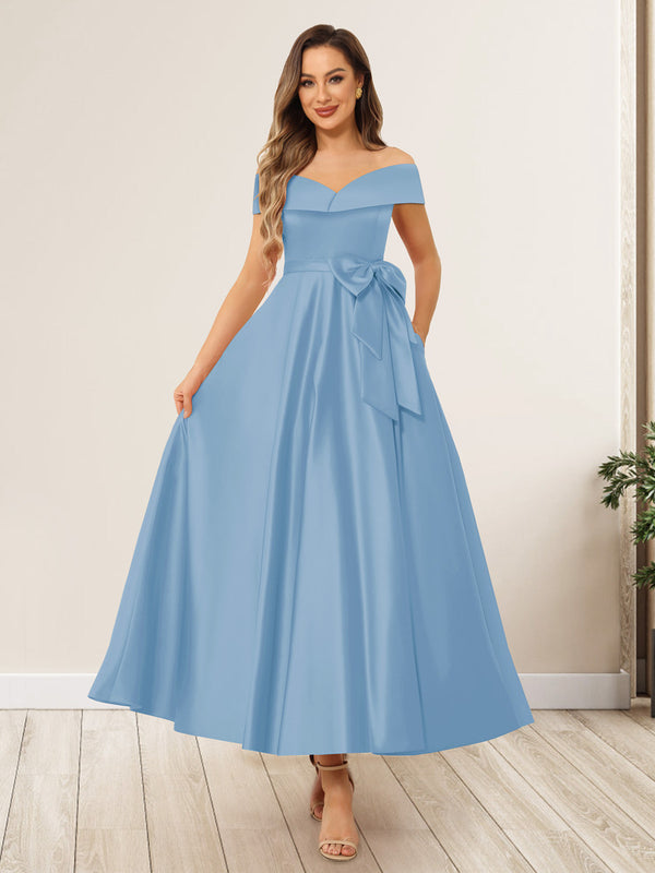 A-Line/Princess Off-The-Shoulder Sleeveless Long Wedding Guest Dresses with Bow Knot