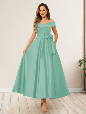 A-Line/Princess Off-The-Shoulder Sleeveless Long Wedding Guest Dresses with Bow Knot