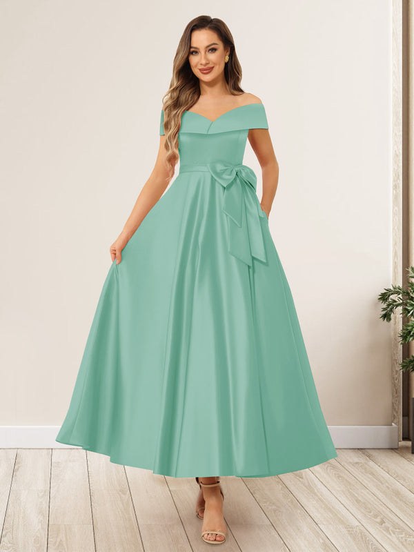 A-Line/Princess Off-The-Shoulder Sleeveless Long Wedding Guest Dresses with Bow Knot