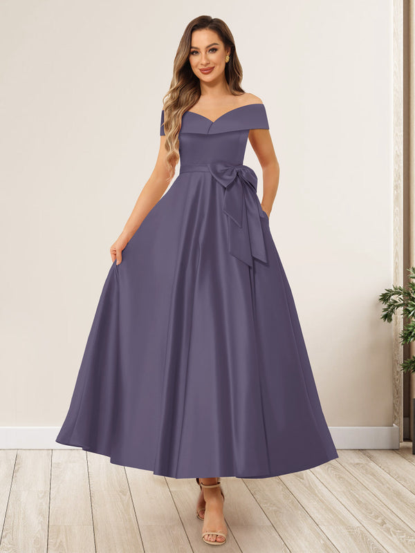 A-Line/Princess Off-The-Shoulder Sleeveless Long Wedding Guest Dresses with Bow Knot