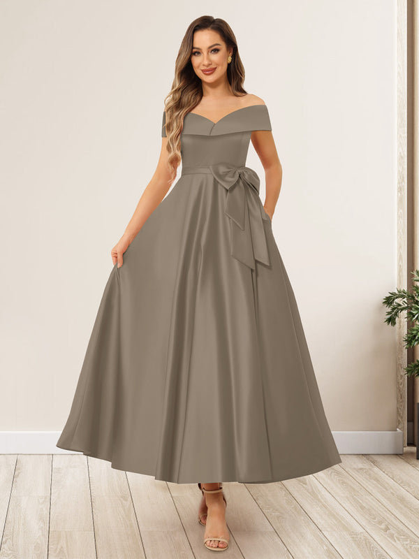 A-Line/Princess Off-The-Shoulder Sleeveless Long Wedding Guest Dresses with Bow Knot