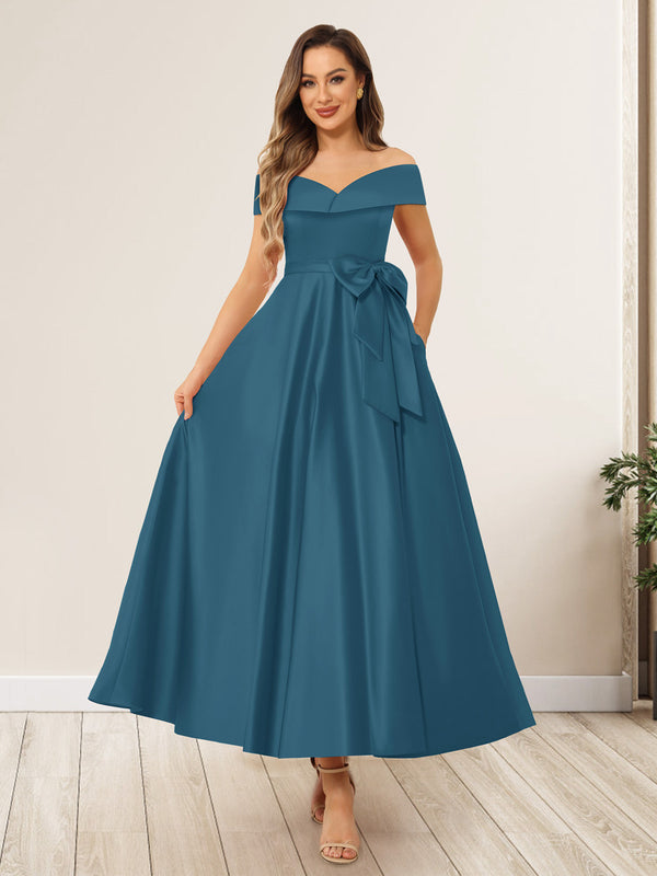 A-Line/Princess Off-The-Shoulder Sleeveless Long Wedding Guest Dresses with Bow Knot