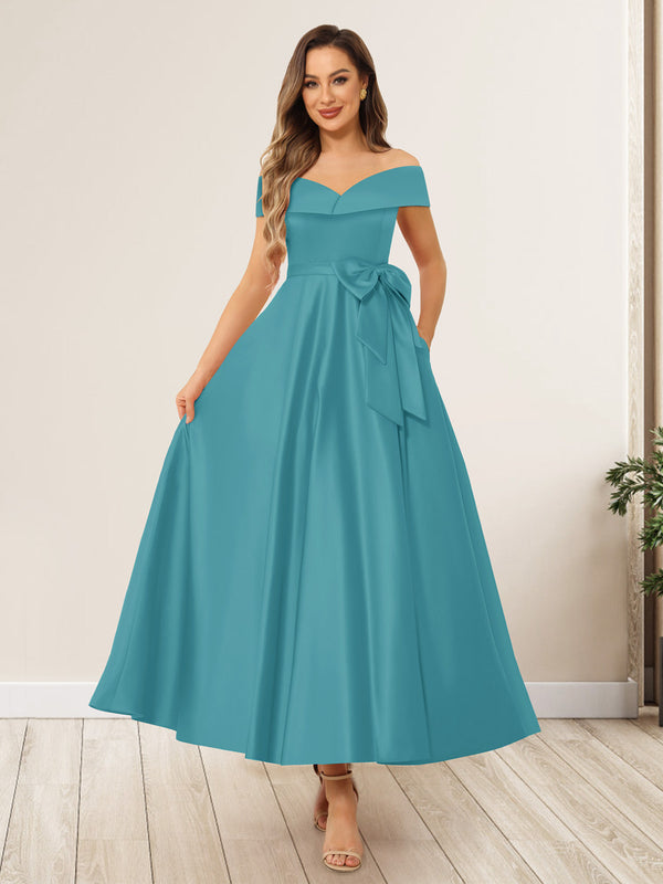 A-Line/Princess Off-The-Shoulder Sleeveless Long Wedding Guest Dresses with Bow Knot