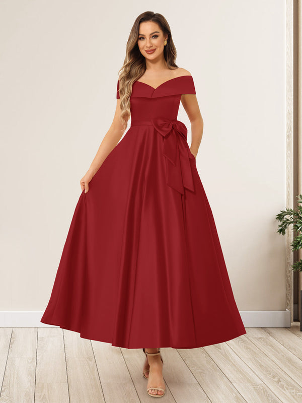 A-Line/Princess Off-The-Shoulder Sleeveless Long Wedding Guest Dresses with Bow Knot