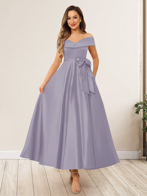 A-Line/Princess Off-The-Shoulder Sleeveless Long Wedding Guest Dresses with Bow Knot