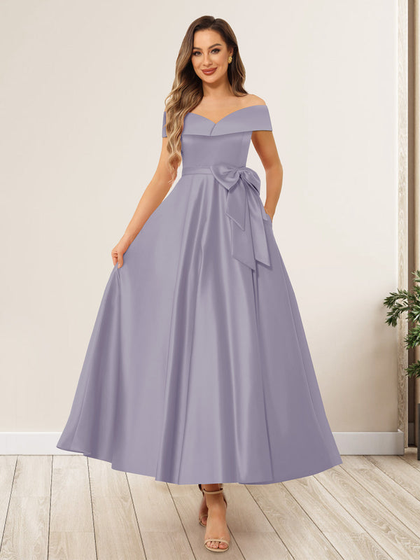 A-Line/Princess Off-The-Shoulder Sleeveless Long Wedding Guest Dresses with Bow Knot
