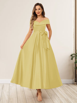 A-Line/Princess Off-The-Shoulder Sleeveless Long Wedding Guest Dresses with Bow Knot