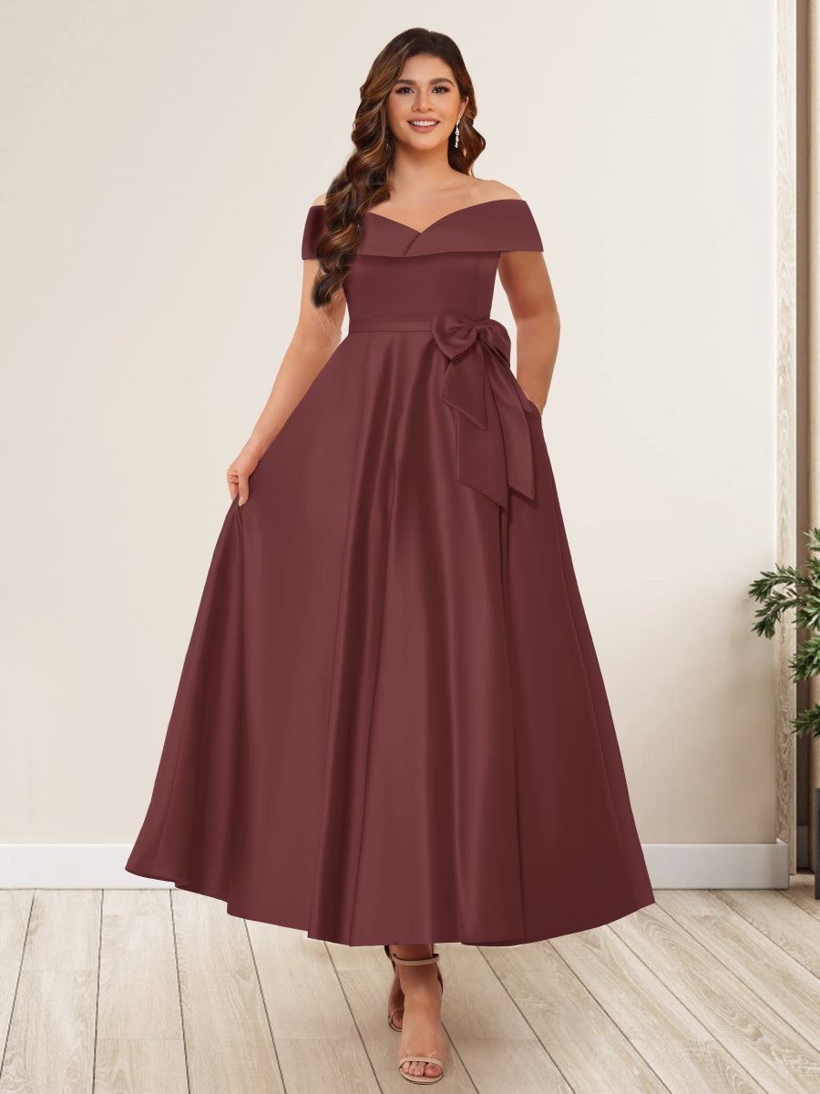 A-Line/Princess Off-The-Shoulder Sleeveless Plus Size Long Evening Dresses with Bow Knot